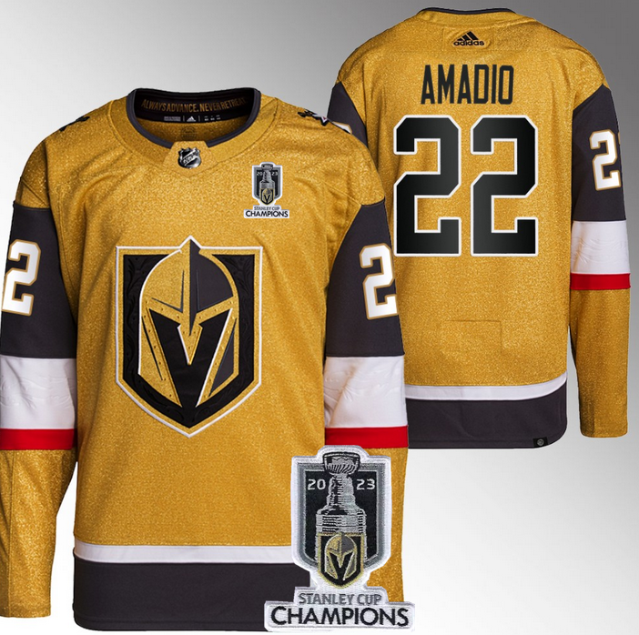 Men's Vegas Golden Knights #22 Michael Amadio Gold 2023 Stanley Cup Champions Stitched Jersey